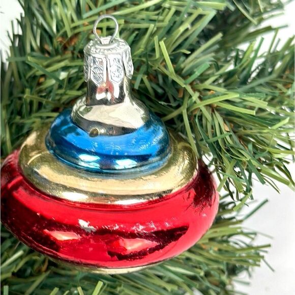 Vintage Poland Mercury Glass Christmas Ornament Spinning Top Blue Red Gold - Picture 4 of 7